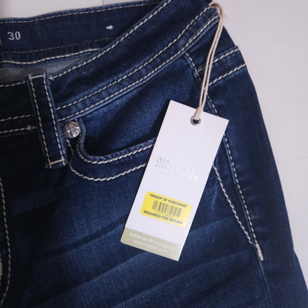 Miss Me Mid Rise Bootcut Jeans Dark Blue Sequin Embroidered Slim Fit 30x32 NEW - Picture 7 of 10